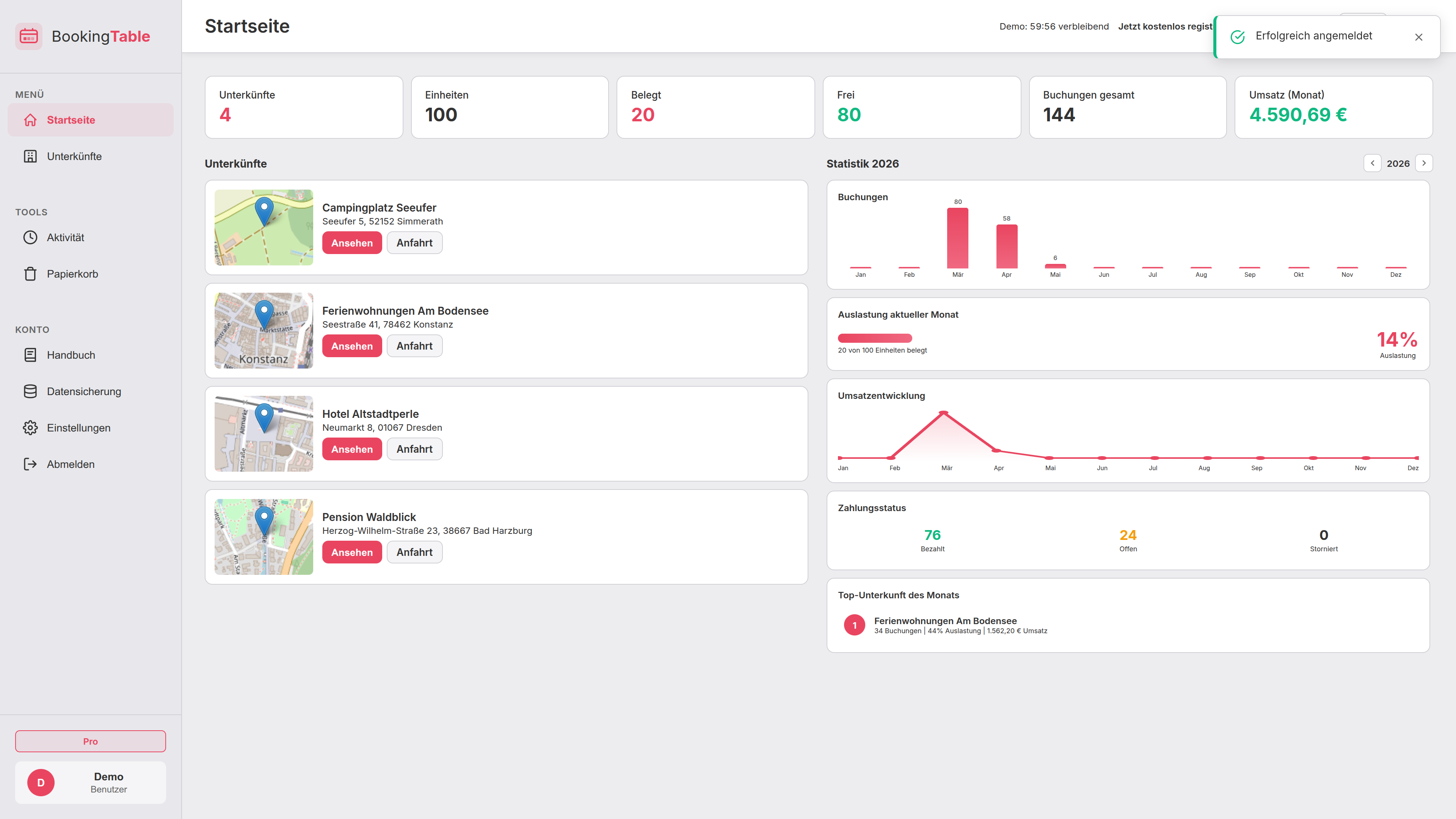 BookingTable Dashboard – Helles Design