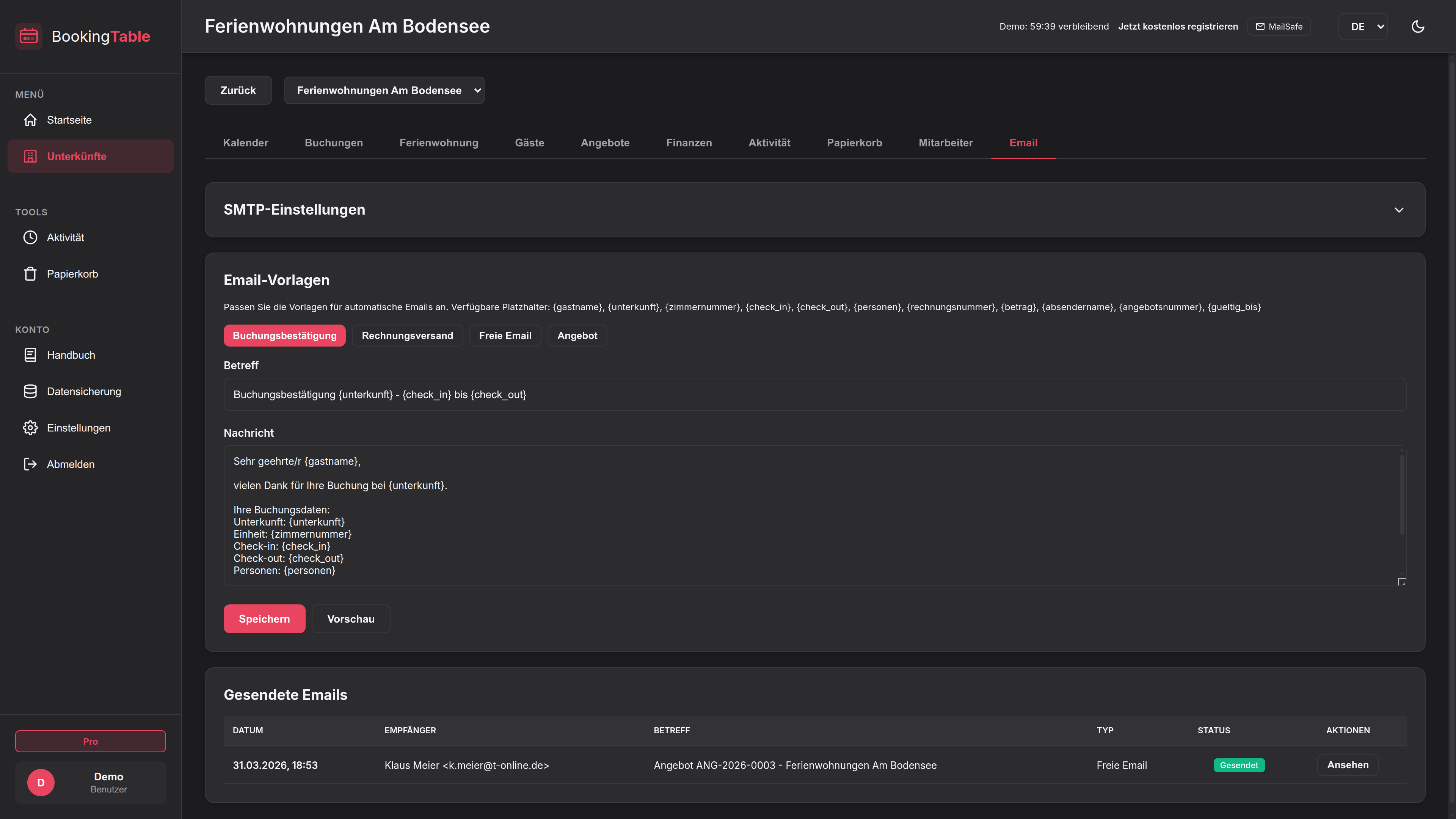 BookingTable Email – Dunkles Design