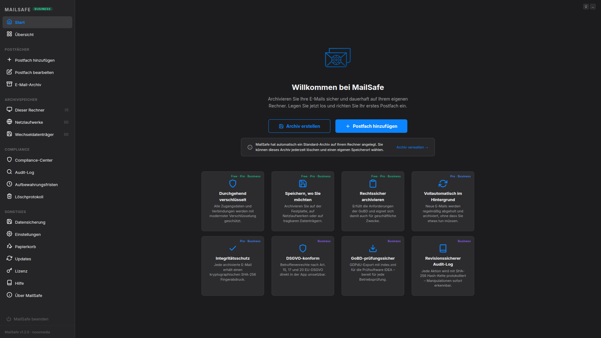 MailSafe Startseite – Dunkles Design
